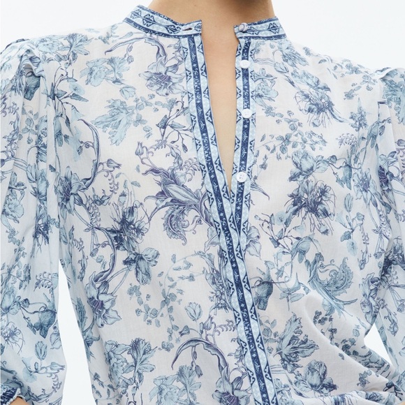 ALICE + OLIVIA APRIL PLEATED LUXURY OLD MONEY CLASSIC FEM BLOUSON SLEEVE TOP - Picture 4 of 12